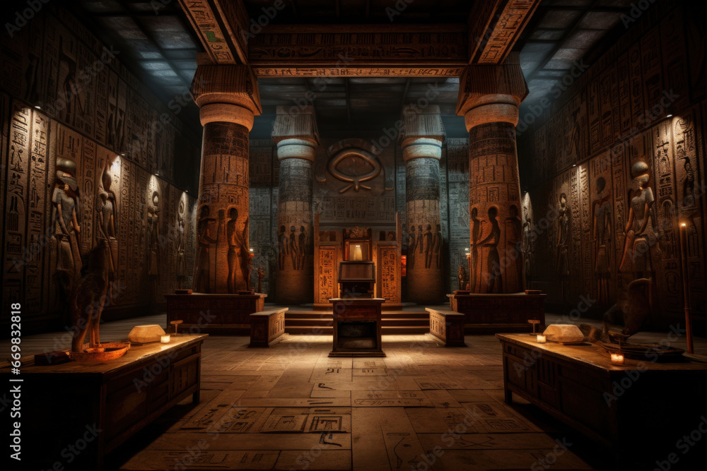 Ancient Egyptian-inspired chamber with hieroglyphics, artifacts, and torches - obrazy, fototapety, plakaty 