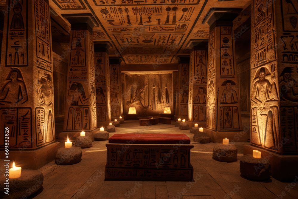 Ancient Egyptian-inspired chamber with hieroglyphics, artifacts, and torches - obrazy, fototapety, plakaty 