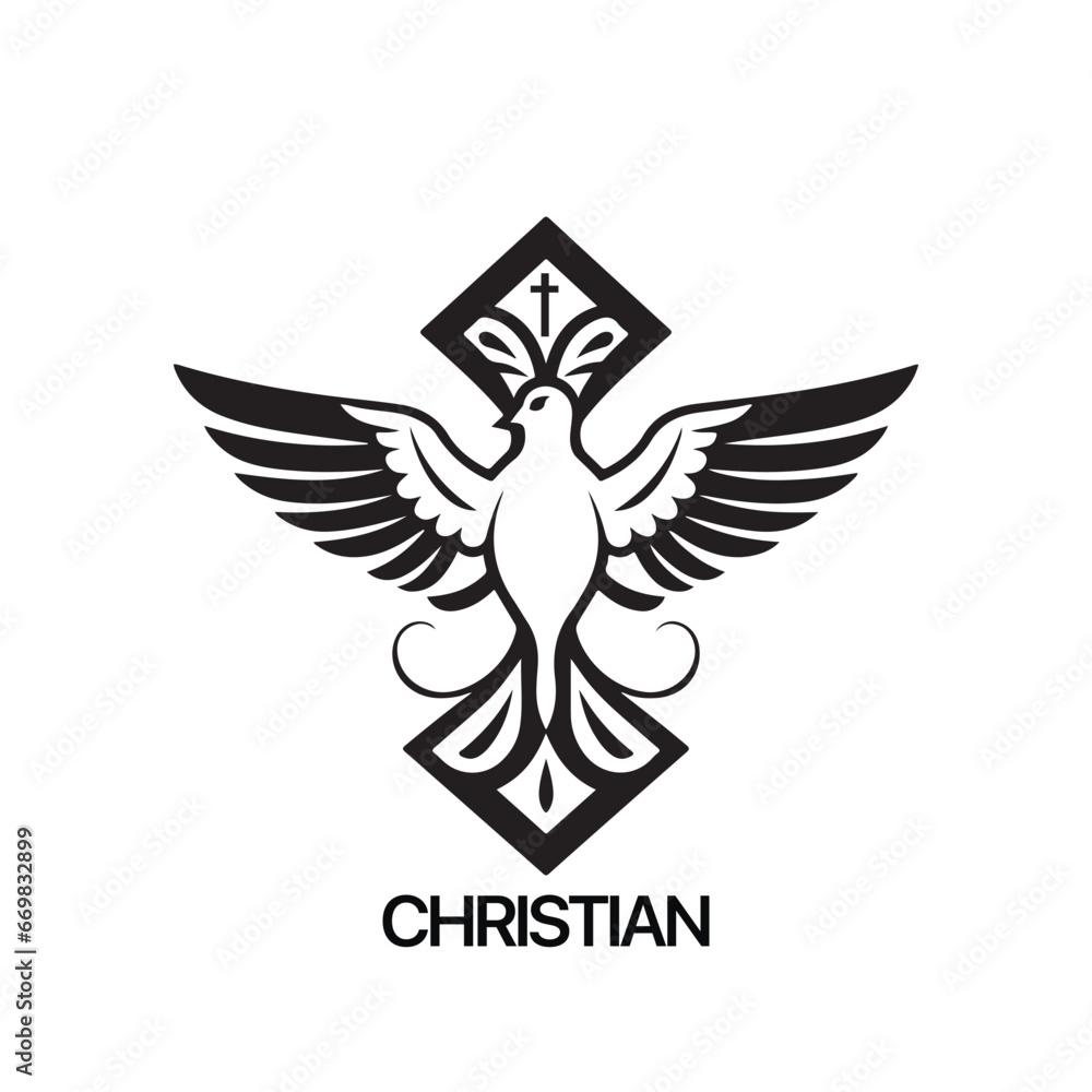 Obraz premium Christian Logo template with dove, pigeon. Black and white christian holy spirit symbol