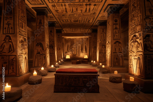 Ancient Egyptian-inspired chamber with hieroglyphics, artifacts, and torches photo