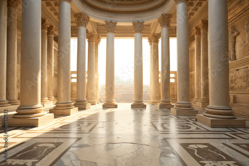 Ancient Greek temple interior with marble columns, statues, and classical art photo