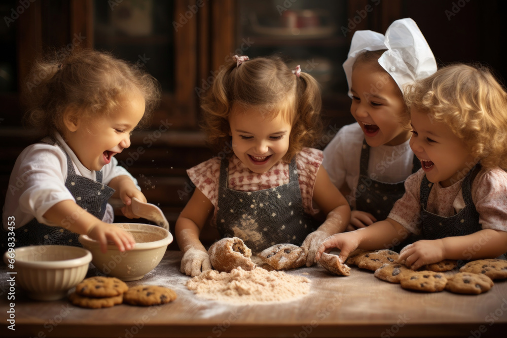 Little cute girls bake cookies. Preparing for the holiday, children learning to cook