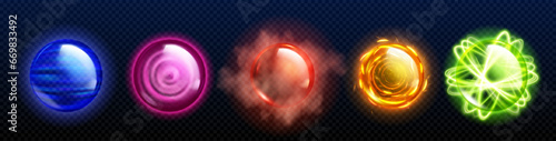 Magic fire orb icon with power light glow effect. Fantasy energy crystal sphere. Abstract circle fireball with flame flare design. Green, blue and pink isolated round neon element. Fortune bubble set