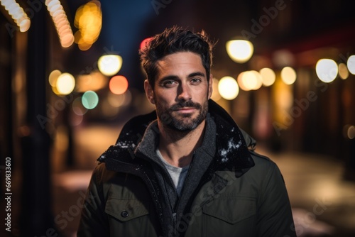 Portrait of a handsome young man at night in a city.