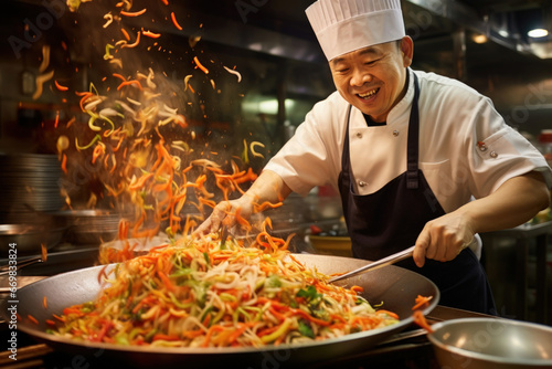 Emotional Asian chef preparing wok