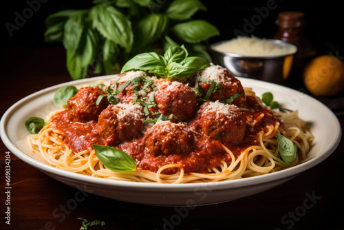Pasta with meatballs and basil. Delicious juicy lunch