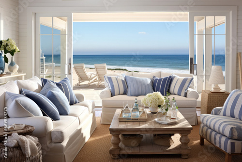 Coastal beach house living room with nautical decor and ocean views © Nino Lavrenkova