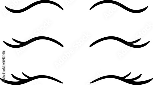 Closed eye with eyelashes cute vector icon set for cartoon character illustration. Sleep girl or unicorn long eyelash line simple face part graphic makeup mascara symbol.