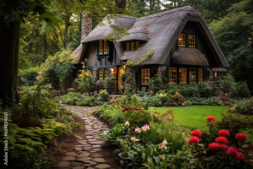 Cozy cottage in the woods with a thatched roof, flower-filled gardens, and a rustic charm