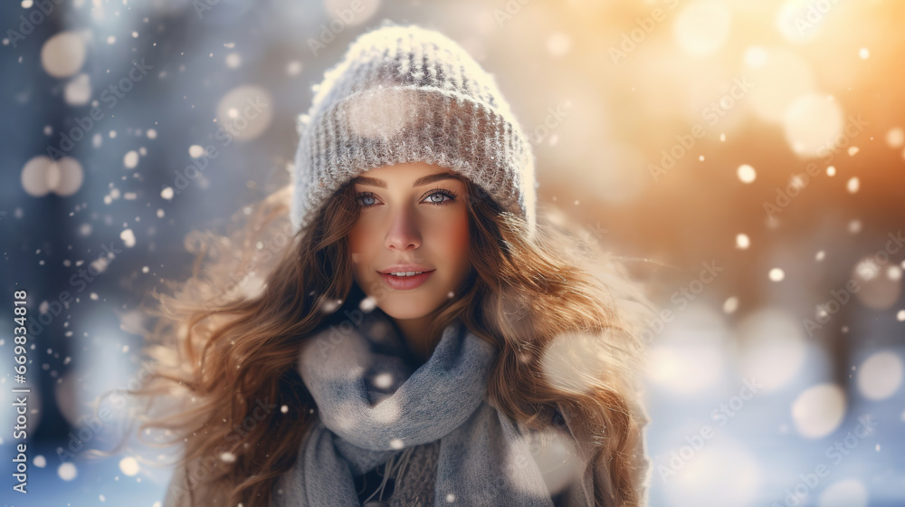 Image of a woman in the winter, with winter landscape bokeh in the background, with empty copy space Image of a woman in the winter, with winter landscape bokeh in the background, with empty copy space