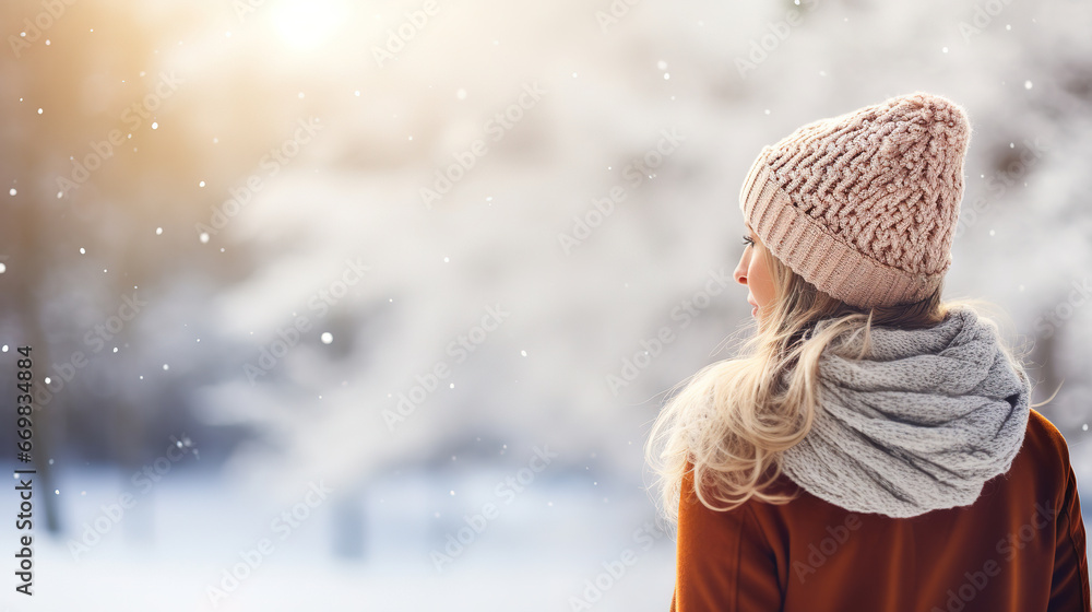 Image of a woman in the winter, with winter landscape bokeh in the background, with empty copy space Image of a woman in the winter, with winter landscape bokeh in the background, with empty copy space