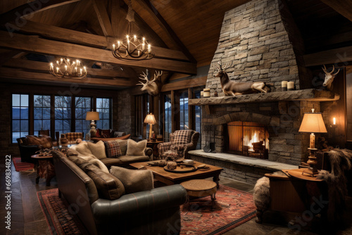 Cozy log cabin with a stone fireplace, antler chandelier, and plaid furnishings © Nino Lavrenkova