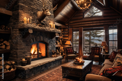 Cozy log cabin with a stone fireplace, antler chandelier, and plaid furnishings