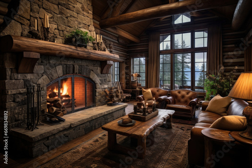 Ski lodge living room with a stone fireplace, antler chandelier, and cozy blankets © Nino Lavrenkova