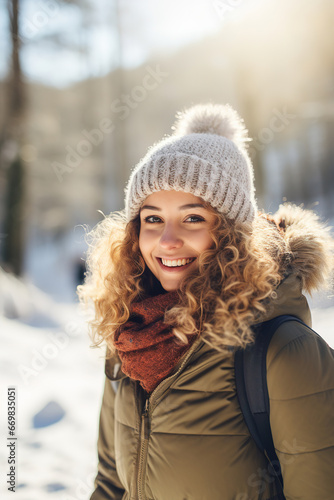 Image of a woman in the winter, with winter landscape bokeh in the background, with empty copy space