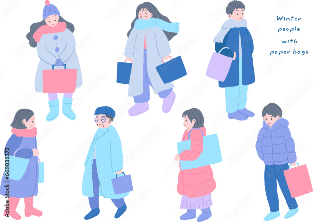 Set of cute hand drawn illustrations with textures of people, families, walking with smiles in winter clothes / 冬服を着て笑顔で歩く人々、家族、テクスチャのあるかわいい手描きイラストセット