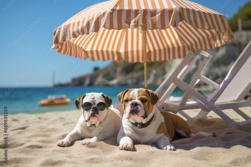 Two bulldogs are relaxing on the beach under an umbrella. Vacation and travel concept. Created using artificial intelligence.