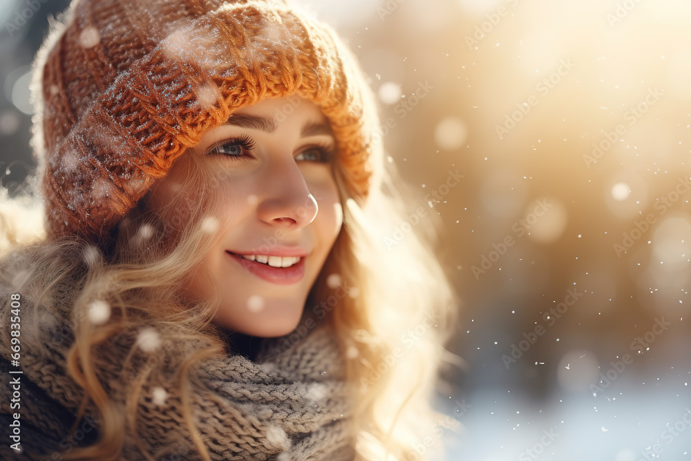 Image of a woman in the winter, with winter landscape bokeh in the background, with empty copy space Image of a woman in the winter, with winter landscape bokeh in the background, with empty copy space