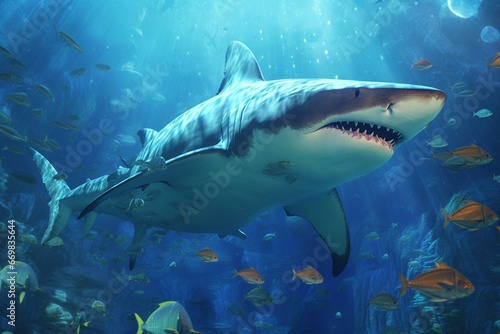 a large shark in a 3D rendered artwork underwater. Generative AI
