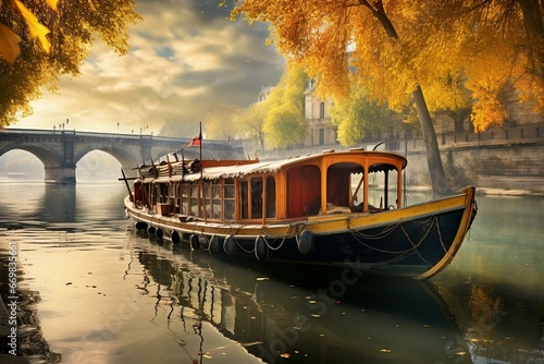 boat on the seine river in france in art form. Generative AI
