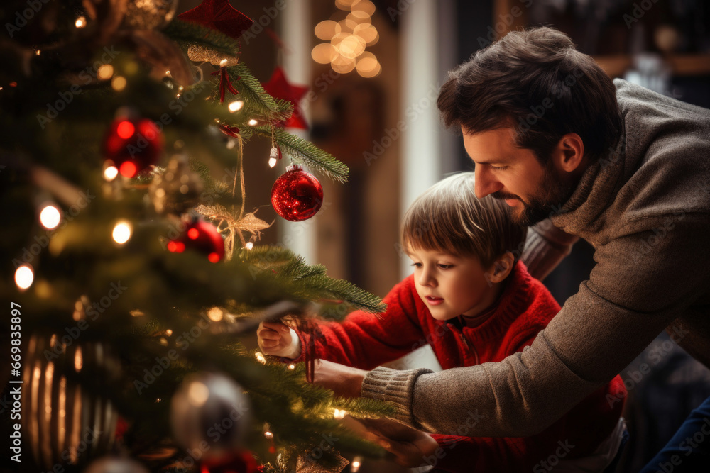 Father and his little son decorate the Christmas tree