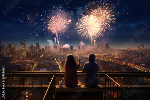 Friends watching fireworks from a rooftop