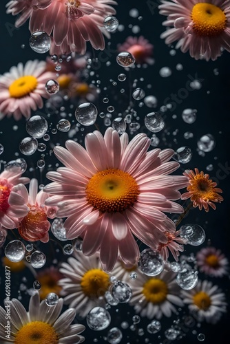 A bunch of beautiful daisies with water and water droplets
