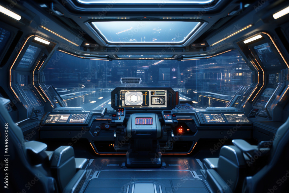 Futuristic spaceship interior with control panels, holographic screens, and astronauts