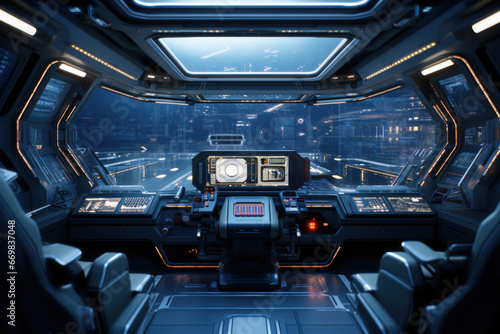 Futuristic spaceship interior with control panels, holographic screens, and astronauts © Nino Lavrenkova