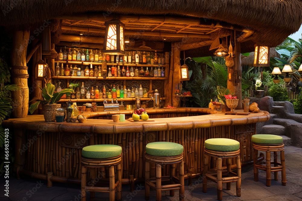 Hawaiian tiki bar with bamboo furniture, tiki torches, and tropical cocktails