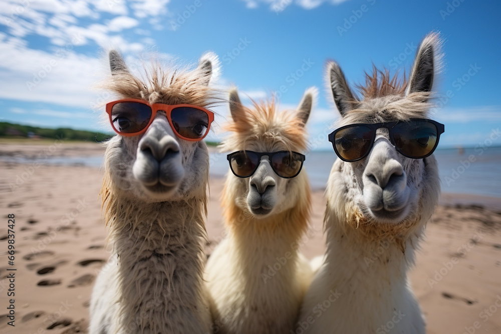 Obraz premium Three llamas in sunglasses take a selfie on the beach. Beach holiday, vacation concept. Generated by artificial intelligence
