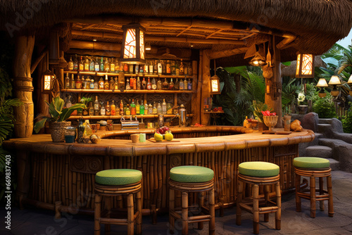 Hawaiian tiki bar with bamboo furniture, tiki torches, and tropical cocktails