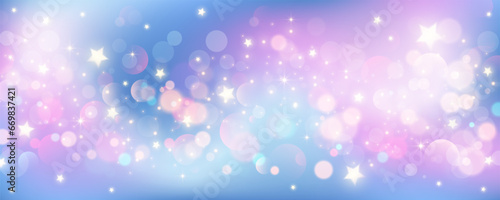 Purple unicorn background. Pastel watercolor sky with glitter stars and bokeh. Fantasy galaxy with holographic texture. Magic marble space. Vector