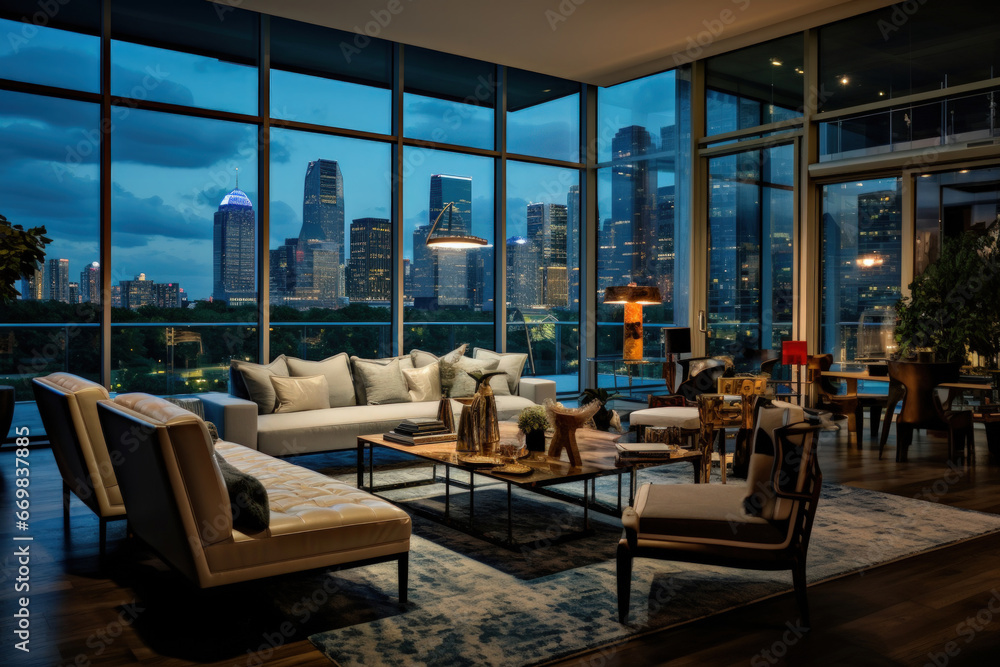 Luxurious penthouse with floor-to-ceiling windows, city skyline views, and modern furnishings