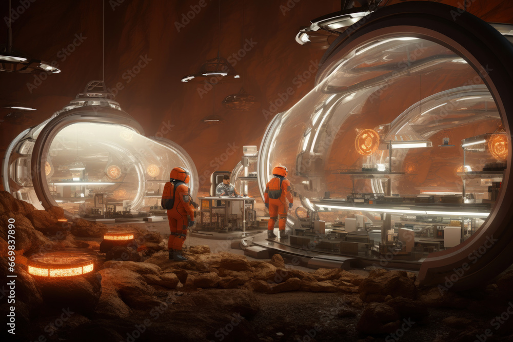 Martian colony interior with modular habitats, futuristic technology, and astronauts at work - obrazy, fototapety, plakaty 