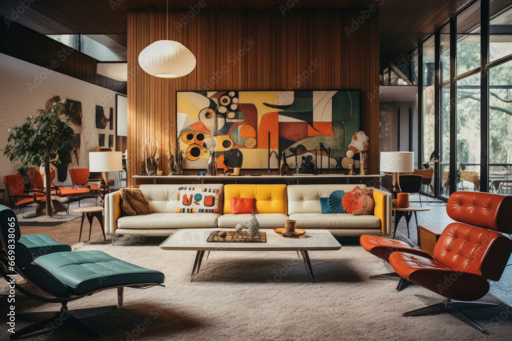 Mid-century modern living room with iconic furniture and a retro color