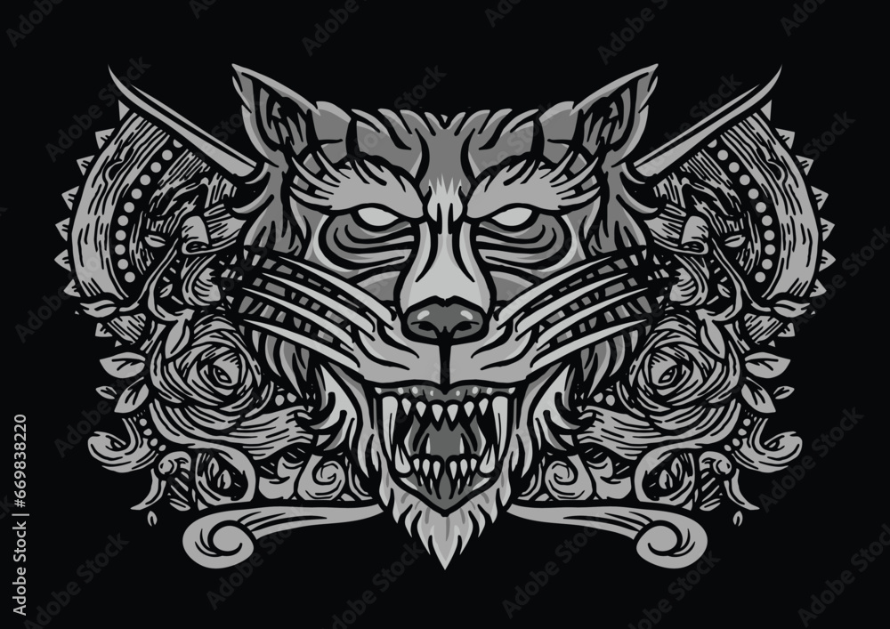 Aggressive demon beast head in monochromatic style vector illustration Aggressive demon beast head in monochromatic style vector illustration
