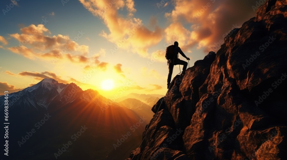 Black silhouette of a climber on a cliff rock with mountains landscape. Generative AI.