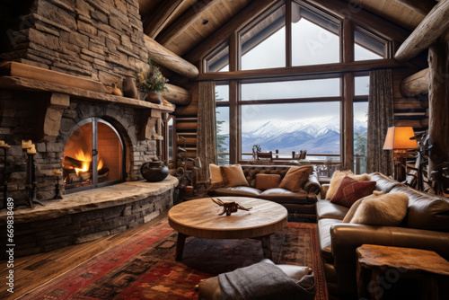 Mountain cabin interior with log walls, stone fireplace, and rustic decor