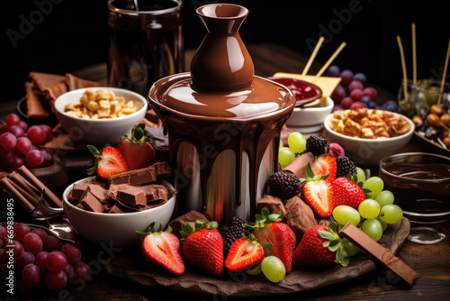 Chocolate fondue fountain with fruits and nuts