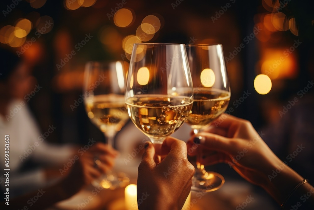 close up hands friends toasting white wine at dinner party in restaurant. Generative AI. close up hands friends toasting white wine at dinner party in restaurant. Generative AI.