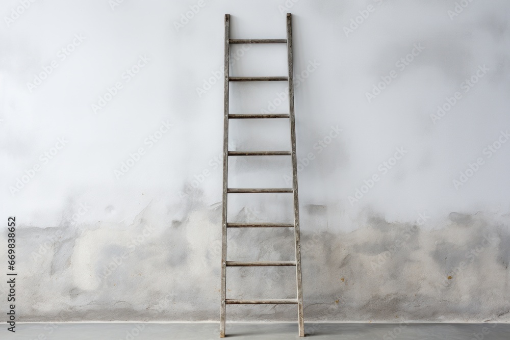 Blank dirty grunge wall with ladder. Generative AI.