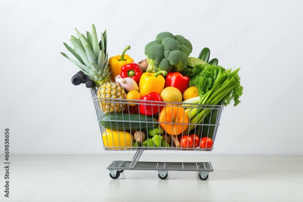 Shopping trolley full with vegetables and fruits. Generative AI. Shopping trolley full with vegetables and fruits. Generative AI.