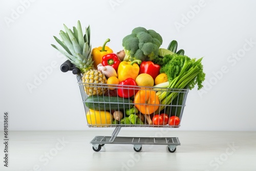 Shopping trolley full with vegetables and fruits. Generative AI.