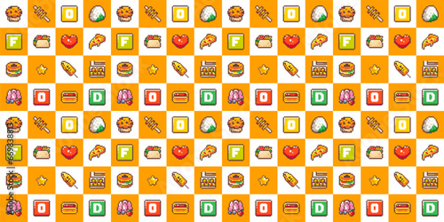 Fast Food Seamless Pattern in Pixel Art Retro 8bit Style. Cartoon Snack and Meal Elements For Cafe, Restaurant Decoration. Orange Vector Game Arcade Motif. Pizza, Onigiri, Burrito, Skewers, Desserts.