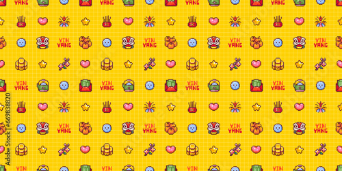 Chinese New Year Seamless Pattern in Pixel Art Retro 8bit Style. Cartoon Festive Ornament For Lunar Chinese New Year Decoration. Yellow Grid Asian Vector Game Arcade Motif. Dragon Mask, Red Envelope.