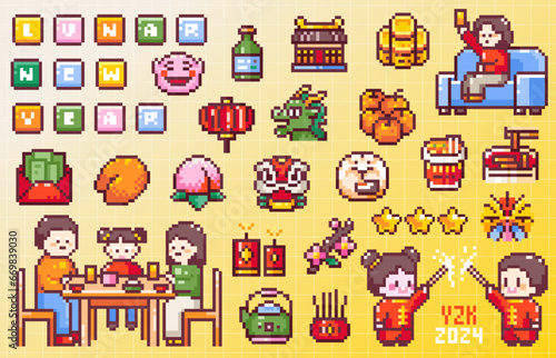 Pixel Art Fast Chinese New Year Celebration Icons. 8 bit Style Stickers of Pixelated Asian Lunar Festival - Temple, Coins, Lantern, Dragon, Orange Mandarins, Family Celebration, Fireworks and Decors.