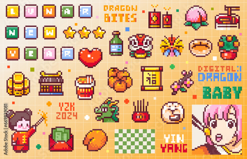 Pixel Art for Chinese New Year and Lunar New Year. Set of 8bit Game Elements - Dragon, Food, Blessing, Traditional Costume, Incense, Fireworks, Temeple, Mandarins, Flowers. Vector Y2k Cute Stickers.