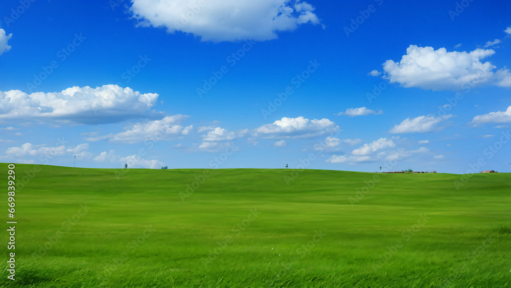 green field and blue sky with clouds