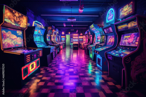 Retro arcade room with pinball machines, classic video games, and neon signs